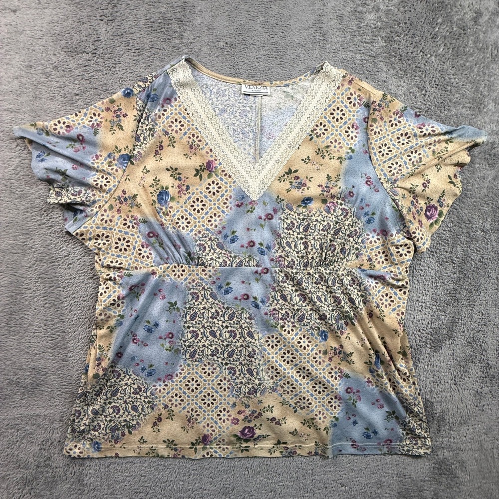 Venezia Vitale Shirt Womens 2X Blue Floral V Neck Lace Trim Vintage Cottagecore